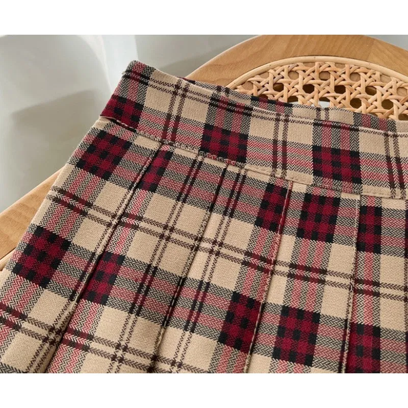 Vintage khaki wine plaid pleated skirt