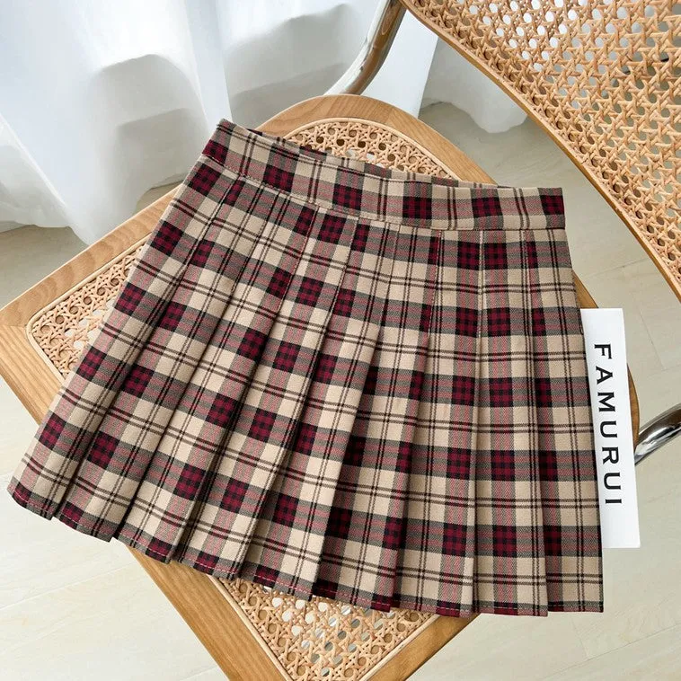 Vintage khaki wine plaid pleated skirt