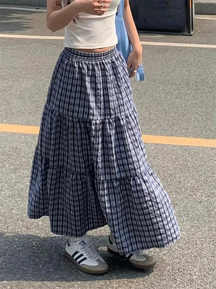 Vintage Plaid Streetwear Elastic Waist A-Line Skirt with Ruffled Detail