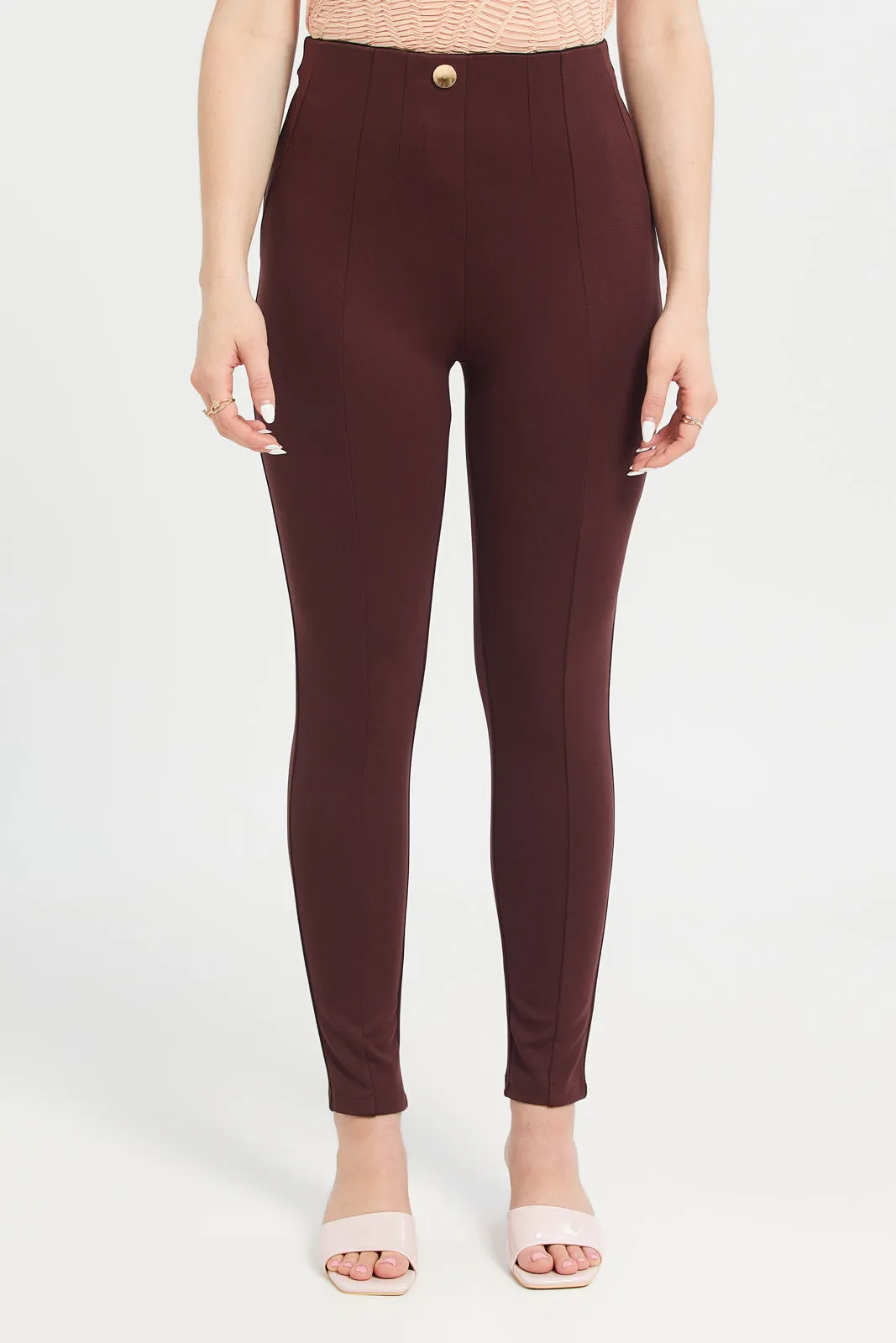 Women Brown Single Button Dart Ponte Leggings