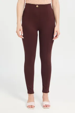 Women Brown Single Button Dart Ponte Leggings