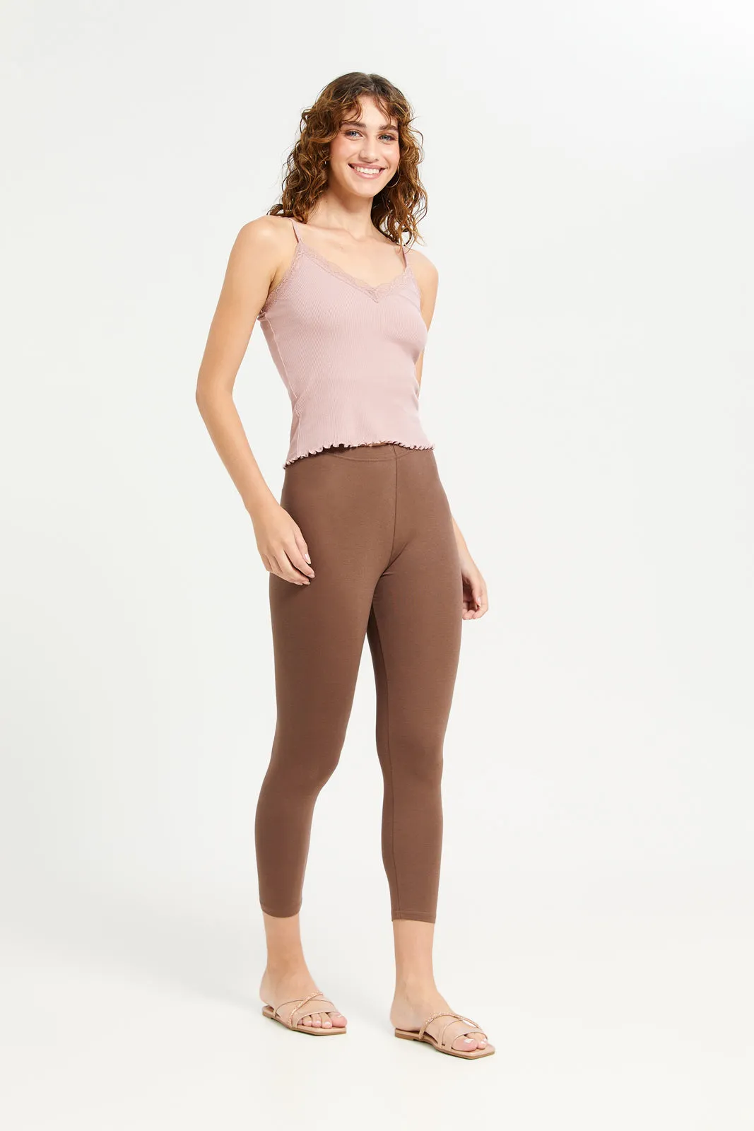 Women Taupe Cropped Leggings