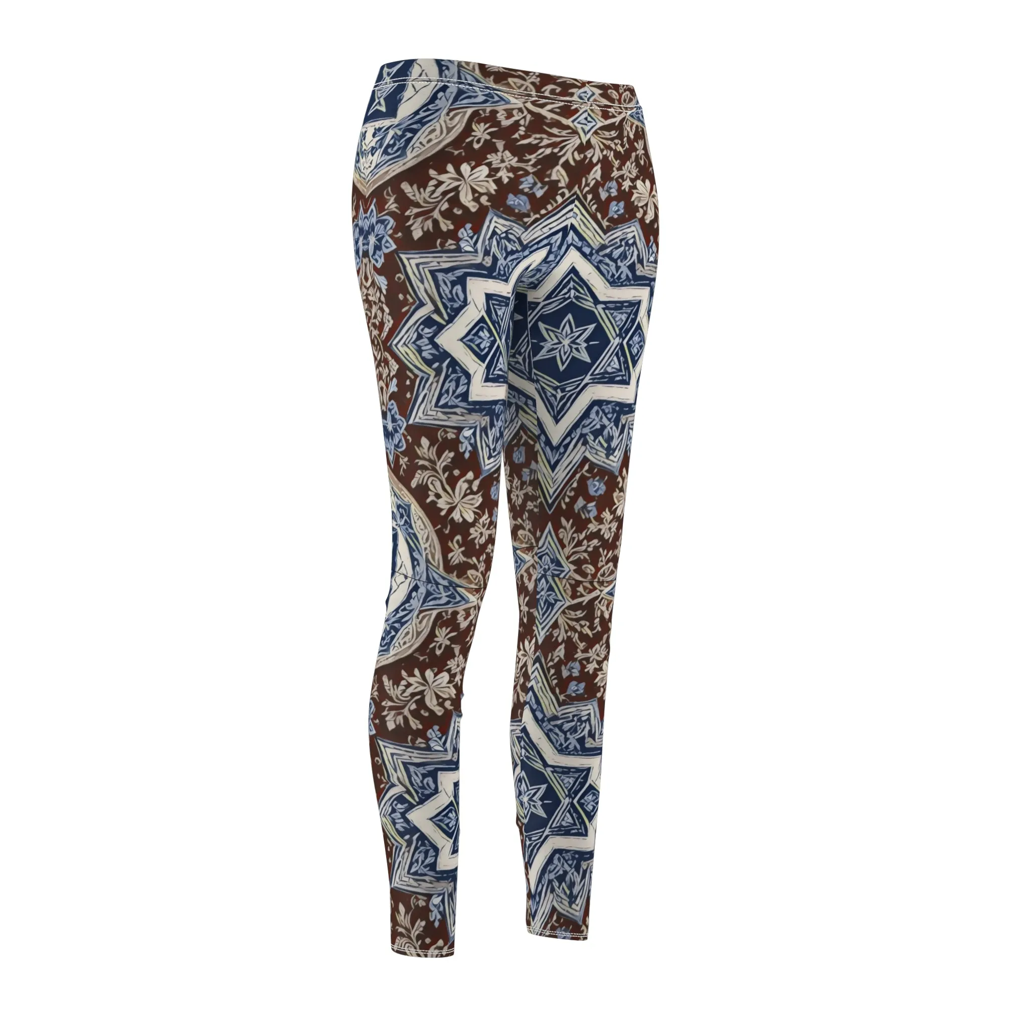 Women's Cut & Sew Casual Leggings -- Chocolate Brown and Blue Star of David Magen David Pattern