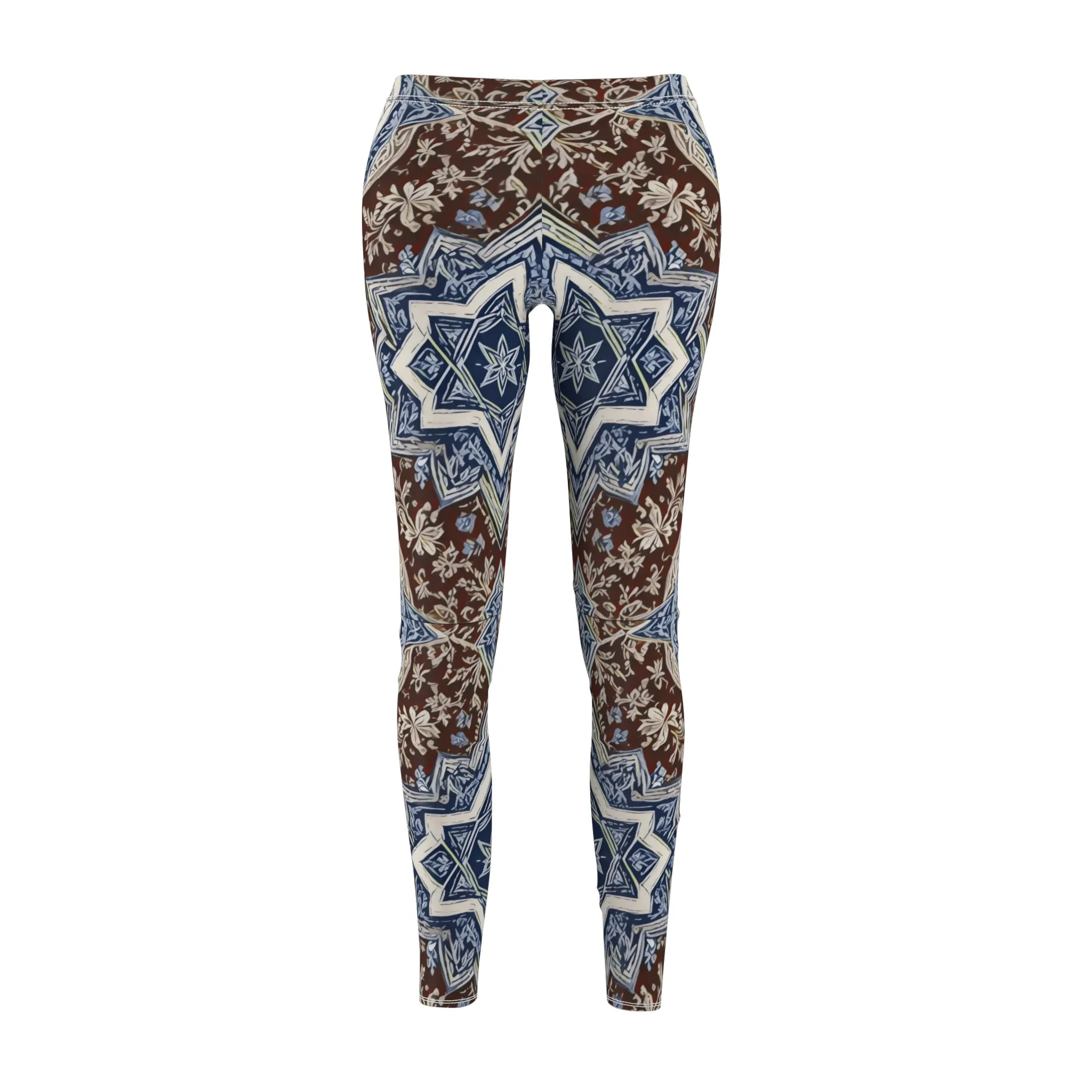 Women's Cut & Sew Casual Leggings -- Chocolate Brown and Blue Star of David Magen David Pattern