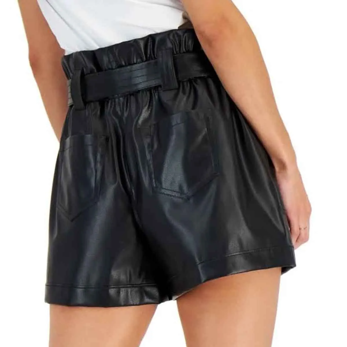 Womens High Waisted Belted Black Leather Shorts