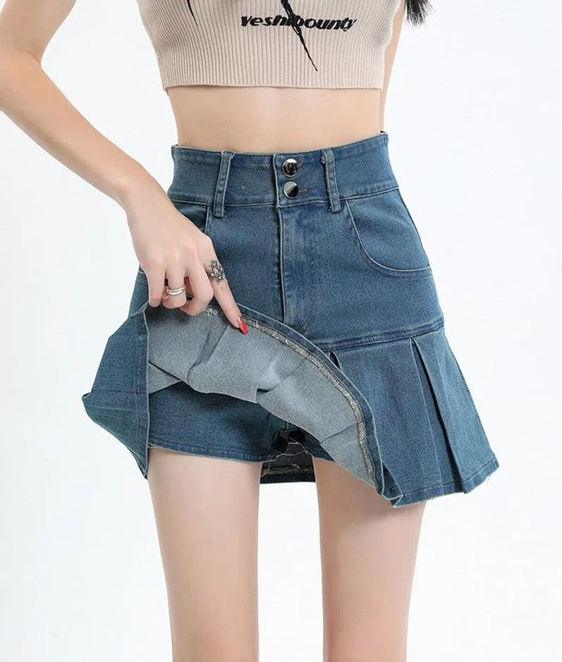 Y2K Pleated Jean Mini Skort